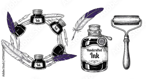Elegant Ink Making Vector Elements, ink well wreath and bottled ink for calligraphy branding
