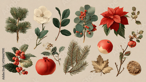 Vintage botanical illustration featuring pine branches poinsettia and various fruits and leaves