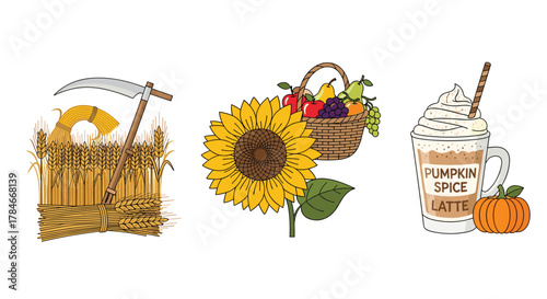Autumn Harvest Collection Featuring Sunflower Pumpkin Spice Latte and Scythe, Generative AI.