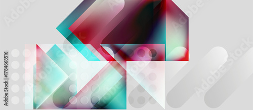 Abstract geometric composition. Overlapping shapes, gradients, translucent layers create modern visual effect. Minimalist design, cool tones dominate.