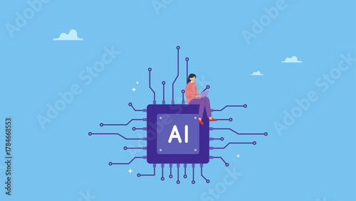 Woman work with computer laptop on AI artificial intelligence chip. Working with AI artificial intelligence, technology helping or support success work, AI prompt engineer or robot assistance.