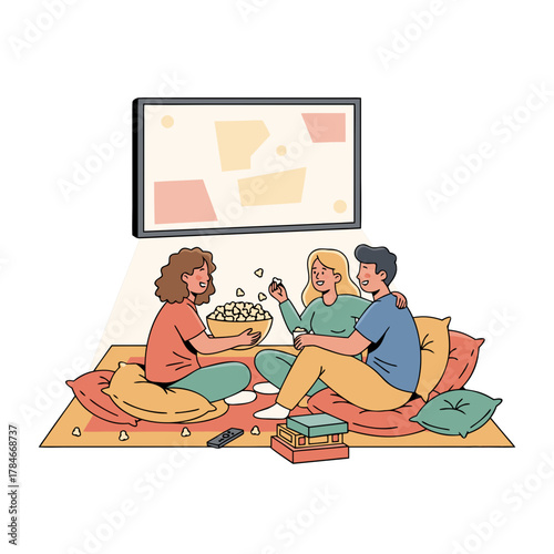 Three friends sharing popcorn watching a movie together on a large screen seated on floor cushions in a cozy living room with warm lighting and abstract shapes on screen