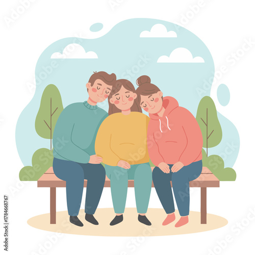 Three Friends Sitting on a Park Bench Embracing Each Other in a Moment of Unity and Support Under a Cloudy Sky