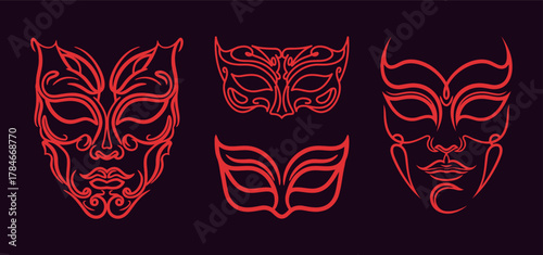 Set of Minimalist Red Outline Illustrations of Three Different Venetian Carnival Masquerade Masks, Continuous Line Art on a Dark Background, Mystery and Celebration.