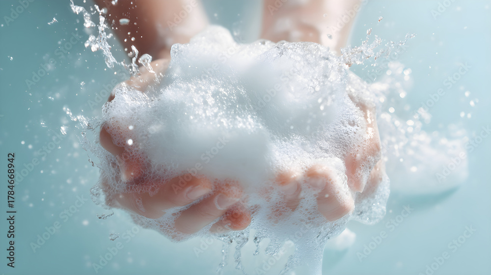 Fototapeta premium Hands holding soap bubbles with water splashes in a serene blue environment for cleanliness concept