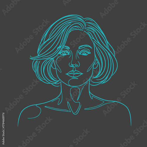 Continuous Line Art Portrait of a Beautiful Woman with Short Bob Haircut, Minimalist Blue Outline Drawing Representing Beauty, Style, and Femininity on Dark Background.
