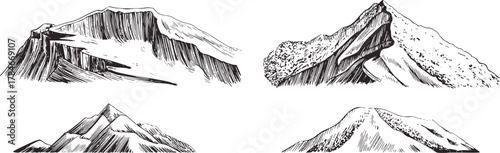 Black white ink sketch of four mountains peaks