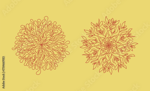Set of Two Abstract Floral or Leaf Mandala Line Art Illustrations, Minimalist Orange Outline Graphic Design on a Bright Yellow Background, Decorative Element.