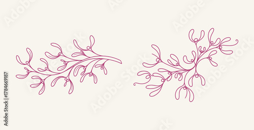 Set of Minimalist Continuous Line Art Illustrations of Mistletoe Branches with Berries, Outline Drawing for Christmas and Holiday Decoration on a Light Background.