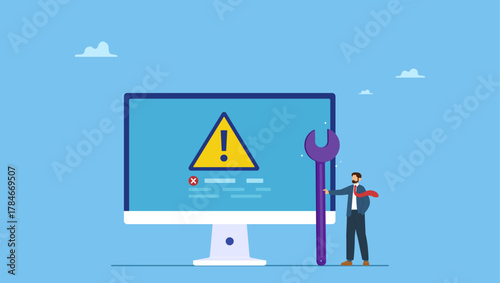 Technician holding wrench fix system failure message on computer. System error, software problem or system failure, security alert or hardware fault to be fixed, caution or maintenance.