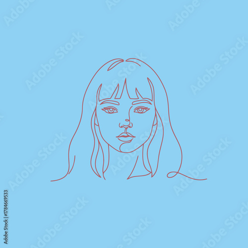 Minimalist Continuous Line Art Portrait of a Woman with Bangs Hairstyle, Pink Outline Drawing Representing Beauty and Femininity on a Bright Blue Background.
