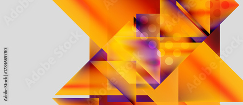 Abstract geometric shapes, vibrant orange hues dominate. Purple accents create depth, light effects add visual interest. Modern design.