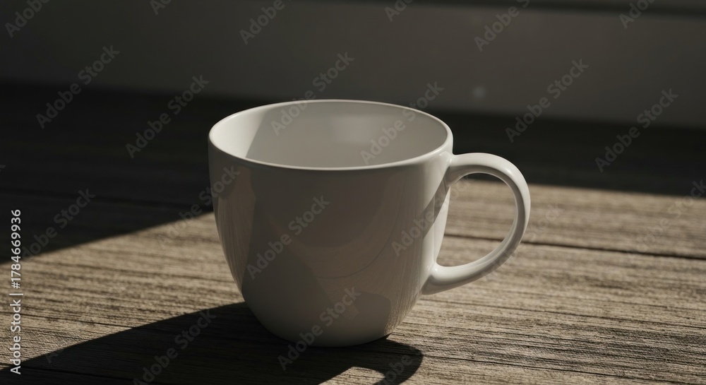 Fototapeta premium White ceramic mug on wooden surface in sunlight, casting strong shadows