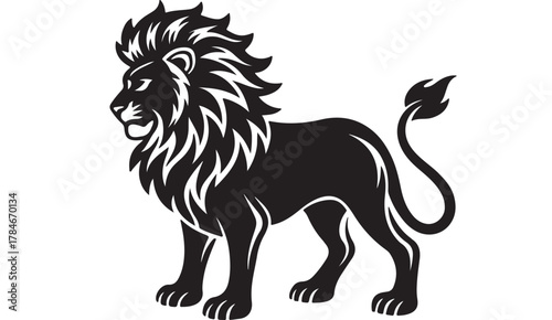 Black silhouette of a lion walking with detailed mane