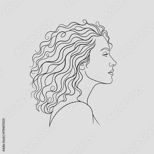 Elegant single continuous line drawing of a beautiful woman's profile with flowing, curly, voluminous hair on a light gray background.