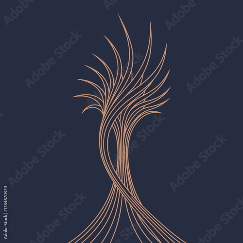Abstract vector line art illustration resembling a flowing organic form, nature, or stylized wheat sheaf in gold on a dark blue background.
