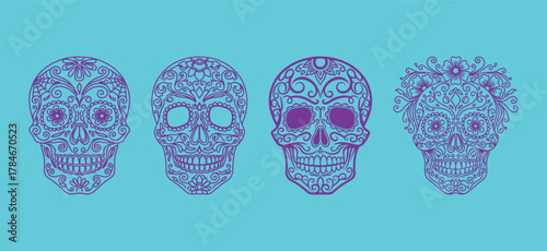 Bright set of four ornate, filigree sugar skulls (Calaveras) in two-color line art on a vibrant turquoise background, for Day of the Dead.