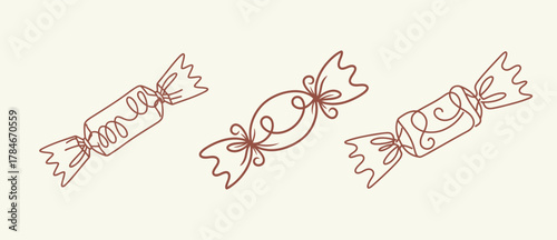 Set of three continuous line illustrations of wrapped holiday candies or sweets in chocolate brown on a creamy white background.