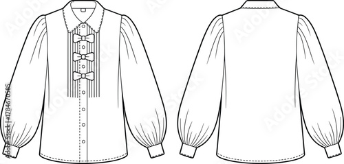 Blouse illustration, Peter Pan collar, puff sleeves, scalloped edge, pleated front, decorative bows, sewing pattern, fashion flat, garment design artwork