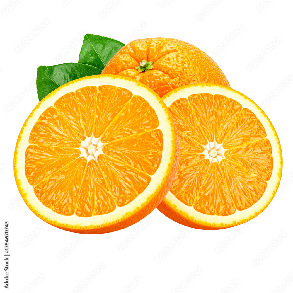 Fototapeta premium Orange citrus fruit isolated on white or transparent background. Two orange fruits cut half and slice