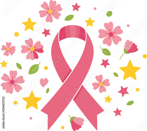 Elegant illustration of a pink awareness ribbon adorned with beautiful flowers and sparkling stars, representing solidarity, hope, and the global fight against breast cancer