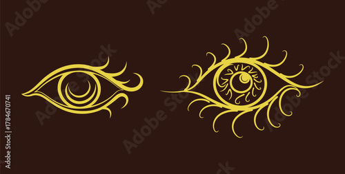 Set of two stylized ornamental eyes with eyelashes and tribal or ethnic floral patterns in yellow line art on a dark brown background.