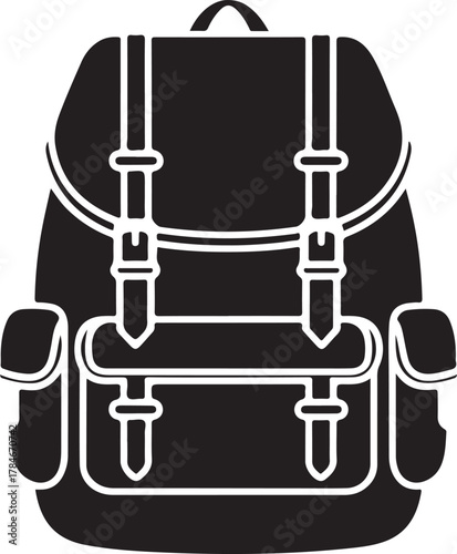 Black silhouette of a vintage backpack with side pockets