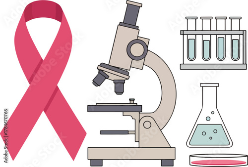 Medical research concept for breast cancer awareness, featuring a pink ribbon, microscope, and laboratory equipment for scientific discovery