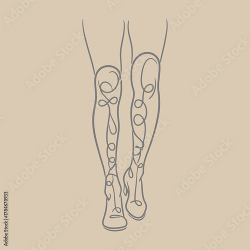 Sensual continuous line art illustration of a woman's legs in high heels or stockings with decorative swirls, on a warm beige background.
