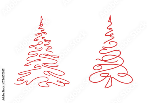 Pair of abstract continuous line art representations of a stylized Christmas tree or pine tree in red line on a white background.