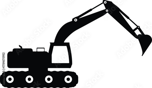 Black silhouette of an excavator on a white background
