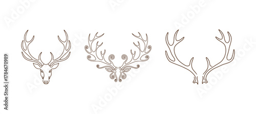 Set of three continuous line illustrations of stylized deer or elk antlers and heads, symbolizing nature, wilderness, and power.