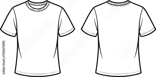 Basic T‑shirt fashion illustration, technical garment flat, round neckline design, short sleeves, front back view, sewing pattern, apparel sketch, clothing 