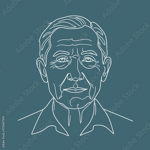 Continuous line portrait of a serious-looking, elderly, bald man with wrinkles on a teal or dark blue background, professional or thoughtful.