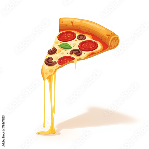 Hot Melting Pepperoni Pizza Slice with Stretchy Cheese and Mushrooms Illustration