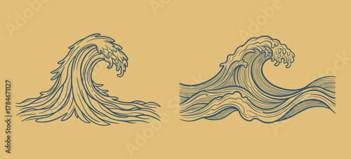 Two Stylized Vintage Engraving-Style Sea Waves Vector Illustration on a Yellow Background for Nature and Ocean Concepts