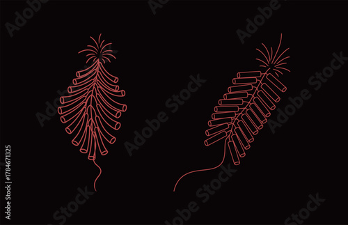 Minimalist Red Line Art Illustration of Traditional Chinese Firecrackers on a Dark Black Background for Cultural Celebrations