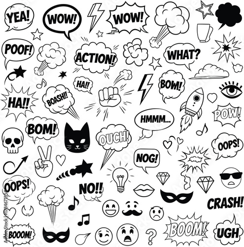 Comic speech bubbles and elements vector illustration doodle style eps silhouette