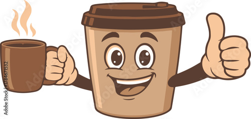 Cartoon coffee cup character giving a thumbs up for a delicious beverage