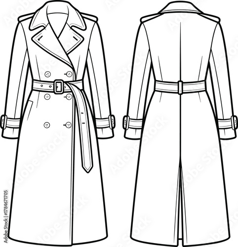 Classic trench coat fashion illustration, technical garment flat, double breasted design, wide lapel collar, belted waist, sleeve cuffs, front back view, sign reference