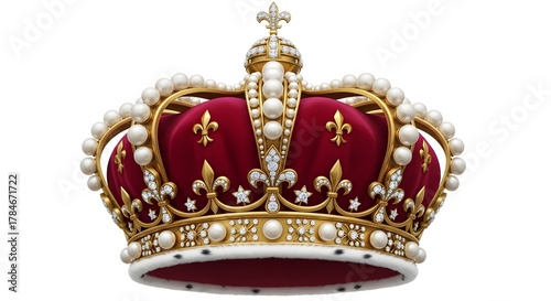 Ornate royal crown with pearls and jewels symbol of power isolated on white background