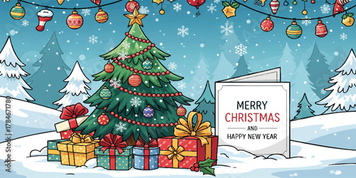 Christmas Holiday banner, card, poster, cover, background set. Modern bright Xmas design with hand drawn elements, striped, christmas tree, bows, golden confetti for season greetings, sale, print, ads