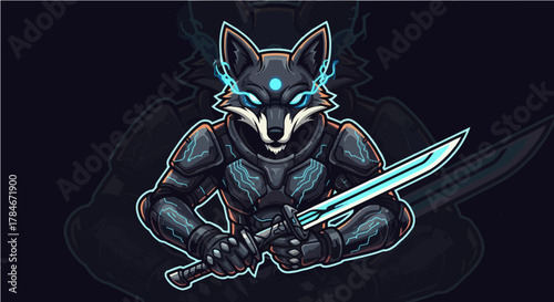 Cyber Wolf Samurai Mascot Logo: Neon Katana Warrior in Futuristic Armor