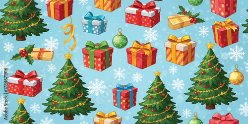 Christmas Holiday banner, card, poster, cover, background set. Modern bright Xmas design with hand drawn elements, striped, christmas tree, bows, golden confetti for season greetings, sale, print, ads