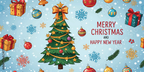 Christmas Holiday banner, card, poster, cover, background set. Modern bright Xmas design with hand drawn elements, striped, christmas tree, bows, golden confetti for season greetings, sale, print, ads