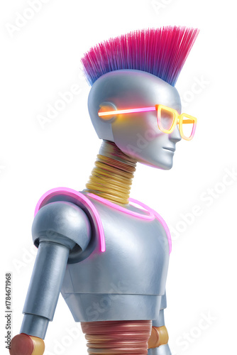 Futuristic robot with mohawk hairstyle and neon glasses dressed in metallic outfit on white background