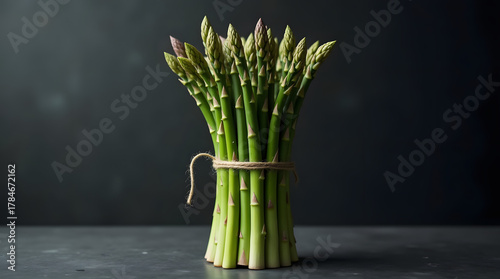 Minimalist, photorealistic shot of a bundle of fresh green asparagus tied with kitchen twine on a dark background.