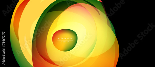 Abstract vibrant layers create dynamic circular design. Yellow, orange, green hues blend smoothly, forming flowing shapes. Modern background texture.