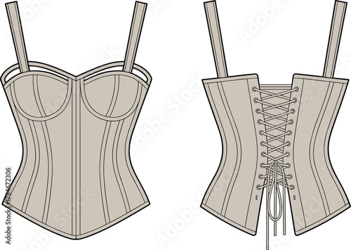 Corset fashion illustration, technical garment flat, front and back view, lace up closure, molded cups, boning detail, adjustable straps, construction drawing