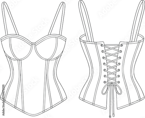 Corset top illustration, fashion flat sketch, technical garment drawing, lace up back design, structured cups, vertical seams, apparel artwork, professional